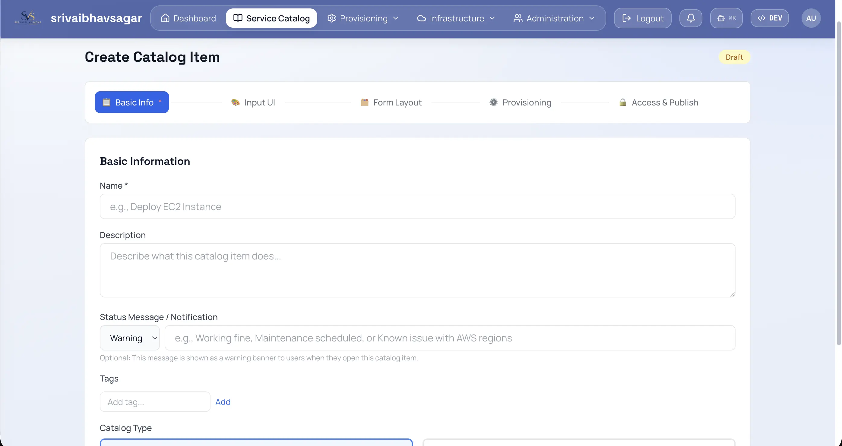 Custom catalog builder with template configuration
