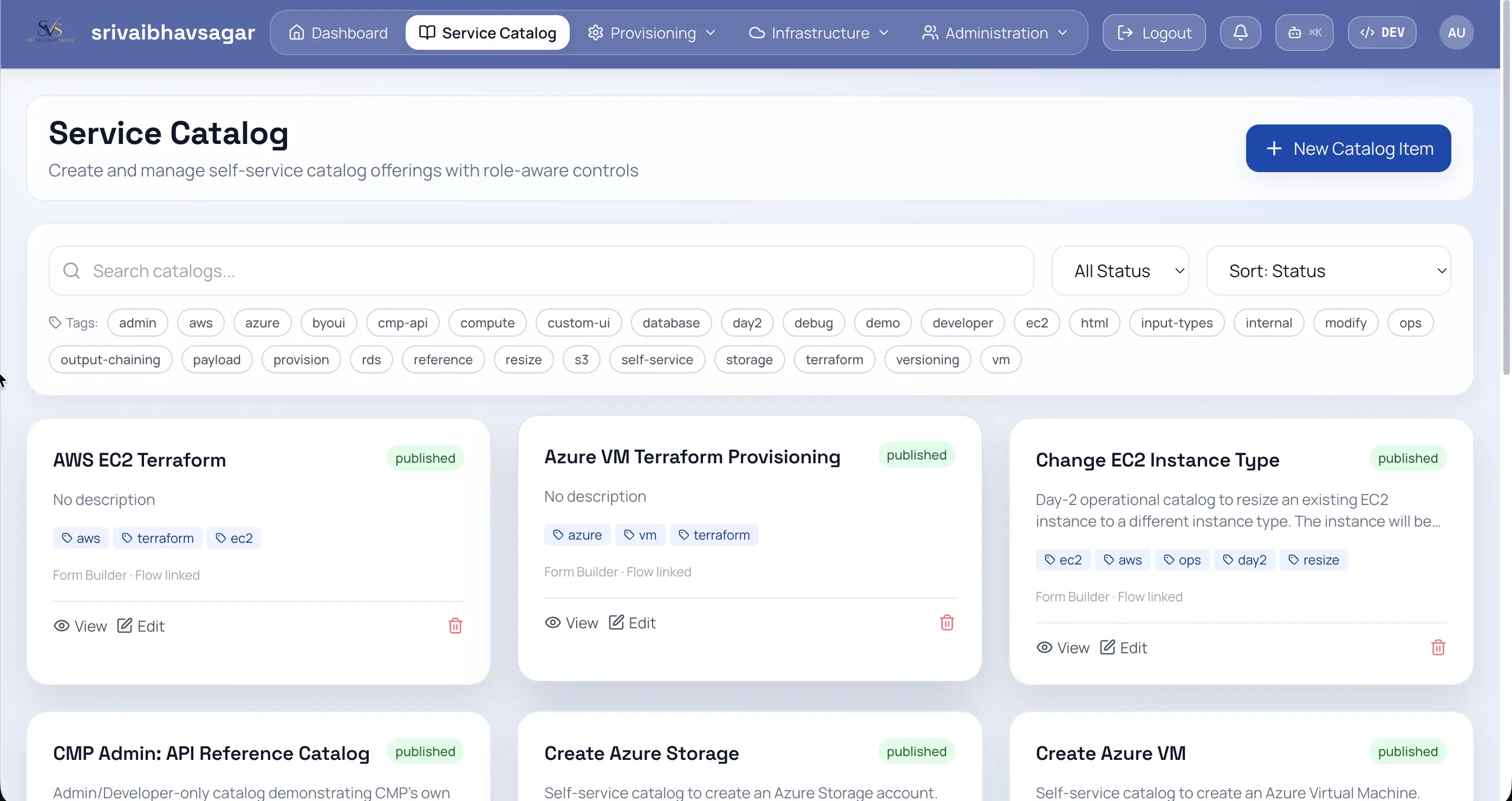 Catalog interface showing pre-approved infrastructure templates